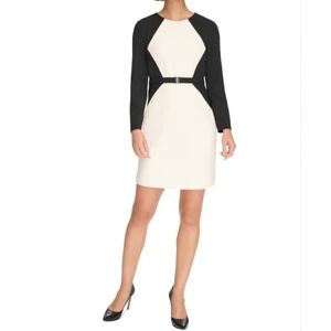Dkny Women's Colorblocked Belted Long-Sleeve Dress - Eggshell/Black
